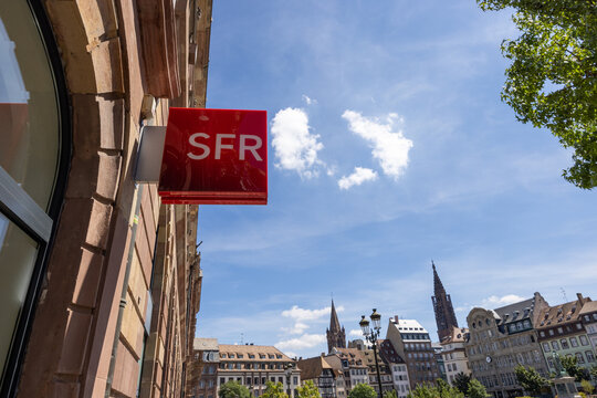 Strasbourg, France - August 08, 2022 : retail store logo SFR, French telephone operator.