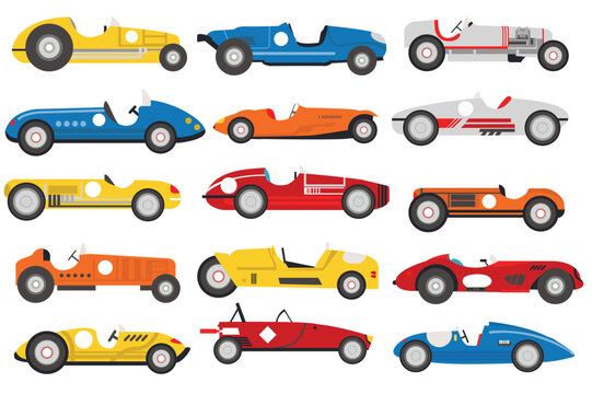 Retro race cars set icons concept without people scene in the flat cartoon design. Image of various retro cars. Vector illustration.