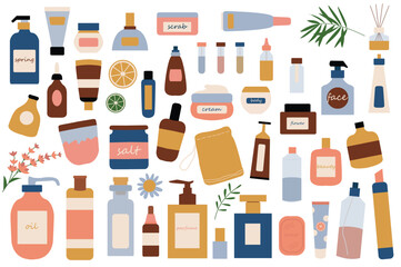 Set of colorful bottles icons concept without people scene in the flat cartoon style. Images of cosmetic bottles of different colors and shapes. Vector illustration.
