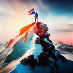 Man with flag of Netherlands on top of the mountain against the sky. AI generative.