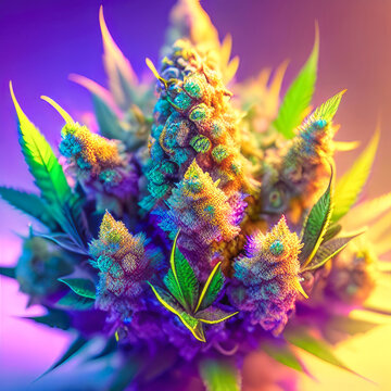 Colorful cannabis plant, rainbow colors, cannabis leafs and seeds, illustration made with Generative AI, Ai art