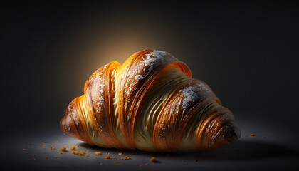 Super delicious freshly baked croissant on dark backdrop. Generative AI
