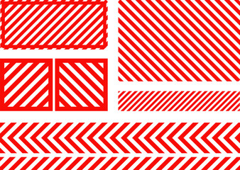 Attention, danger or caution sign. Various white and red warning signs with diagonal lines stripes. Danger zone background. Vector