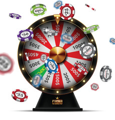 Wheel of  fortune and casino chips. Highly realistic illustration.