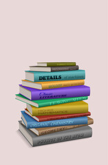 Library of technical literature. Vector illustration of a pile of books lying on the table. Sketch for creativity.