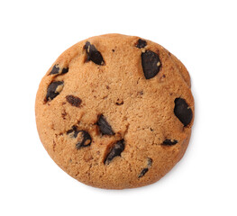 Delicious chocolate chip cookie isolated on white, top view