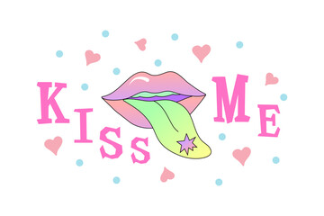 Kiss Me text and lips with tongue isolated on background. Vector illustration.
