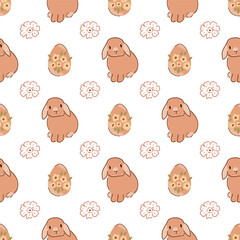 Easter floral eggs, cute rabbit bunny pattern spring design. Beige Easter repeat background, flowers, bunny textile print. Cute cottage wrap paper. Sweet hand drawn bunnies. Naive vector illustration