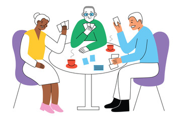 Senior friends playing board game with cards. Cartoon characters around the table drinking coffee and talking. Leisure activity and hobby in retirement home, club for elderly. Hand drawn composition