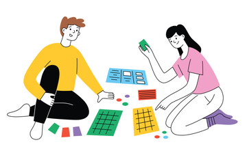 Man and woman playing board game. Tabletop game for couple with cards and tiles. Cartoon characters sitting on floor. Leisure activity and hobby for happy relationship. Hand drawn vector composition