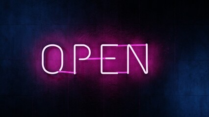 Open neon sign on concrete wall