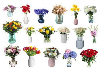 Fototapeta Collage with many beautiful bouquets and flowers in different vases on white background obraz