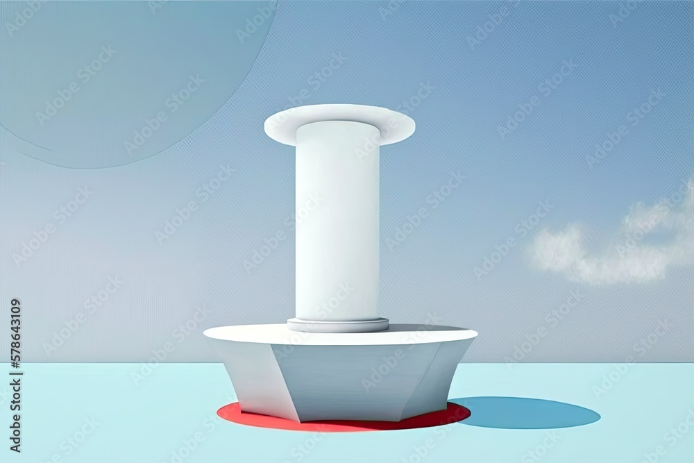 Wall mural Off the coast, on a white cylinder pedestal, is a podium. Minimalist surreal abstract backdrop. illustration. Generative AI