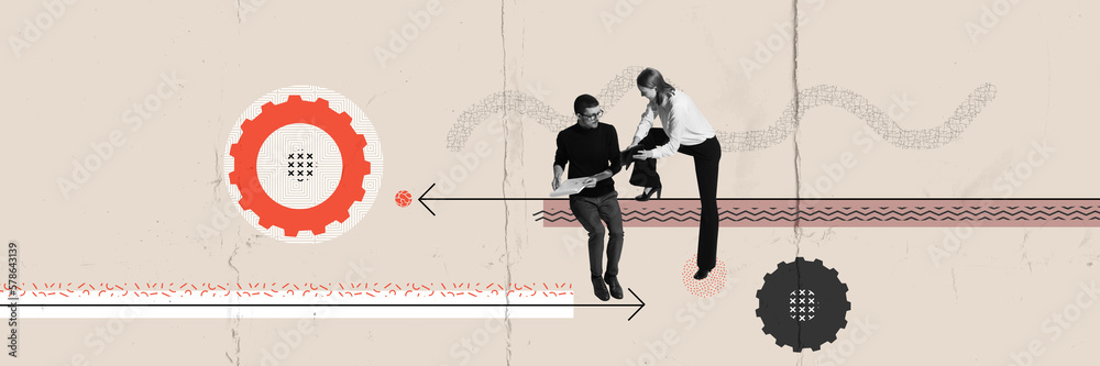 Wall mural contemporary art collage. conceptual design. man and woman, employees working on business project wi