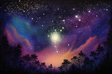 Beautiful night view, starry night in the sky forest, generative ai