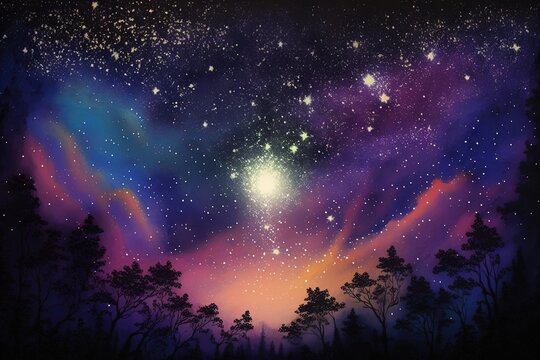 Beautiful night view, starry night in the sky forest, generative ai