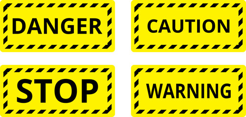 Fototapeta premium Various black and yellow warning signs with diagonal lines. Attention, danger or caution sign, warning banner, road shield.