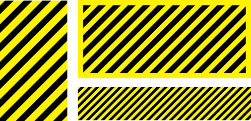 Various black and yellow warning signs with diagonal lines. Attention, danger or caution sign, warning banner, road shield.