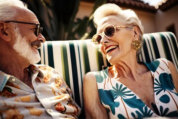 A man and a woman in their 60s are relaxing on the seashore near the palm tree, looking at each other and smiling. Good pension. Happy older people. Generative AI.