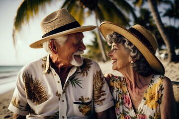 A man and a woman in their 60s are relaxing on the seashore near the palm tree, looking at each other and smiling. Good pension. Happy older people. Generative AI.