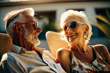 A man and a woman in their 60s are relaxing on the seashore near the palm tree, looking at each other and smiling. Happy older people. Generative AI.