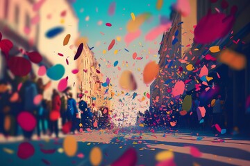 Bringing Life to the City: A Vibrant Art Illustration of Colorful Confetti on the Street, Generative AI.