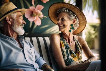 A man and a woman in their 60s are relaxing on the seashore near the palm tree, looking at each other and smiling. The right choice of a pension fund. Generative AI.