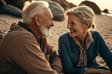 A man and a woman in their 60s are relaxing on the seashore near the palm tree, looking at each other and smiling. A carefree old age. Generative AI.