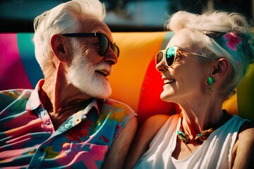 A man and a woman in their 60s are relaxing on the seashore near the palm tree, looking at each other and smiling. Good pension. Generative AI.