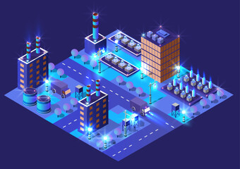 The factories, warehouses industry night, neon, purple smart city 3D ultraviolet