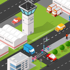 Isometric 3D airstrip of the city international airport terminal and transportation