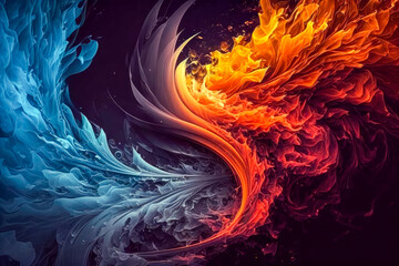 Blue and orange abstract background with burning shapes, AI generated illustration