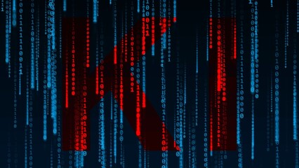 Artificial intelligence (in german - Kuenstliche Intelligenz) - AI (KI) sign in red in blue rain of binary digits on black background - 3D Illustration