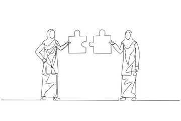 Illustration of muslim woman with friend connecting the puzzle. Concept of networking. One continuous line art style