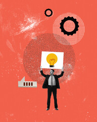 Contemporary art. Conceptual design. Businessman holding tablet with light bulb image symbolizing...