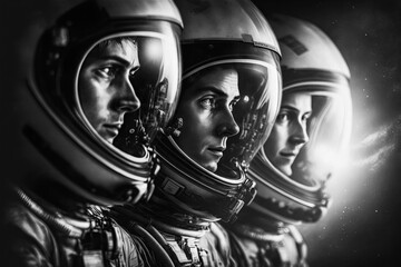 poster with team of three astronauts in spacesuits. Generative AI illustration