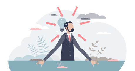 Concentration and focused mental energy for business goal tiny person concept, transparent background. Mind energy productivity and control with effective moment awareness process illustration. - obrazy, fototapety, plakaty