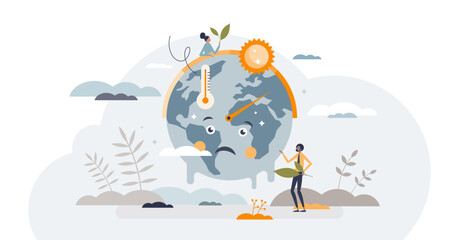 Climate crisis and global warming as planet challenge tiny person concept, transparent background. Environmental danger with CO2 greenhouse gases pollution and raising temperature illustration.