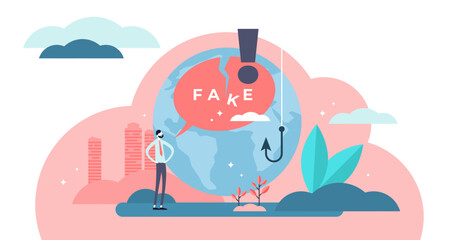 Fake illustration, transparent background. Flat tiny false and cheat information persons concept. Lack of honesty and trust situation with fabrication, disinformation and propaganda method. - obrazy, fototapety, plakaty