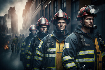 Obraz premium Portrait of a group of firefighter looking at camera. Generative AI illustration.