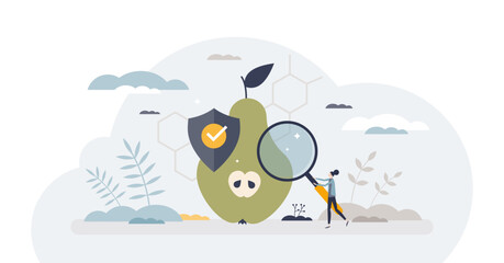 Food safety control with hygiene checking and inspection tiny person concept, transparent background. Hazard and poisoning awareness for safe grocery consumption illustration.