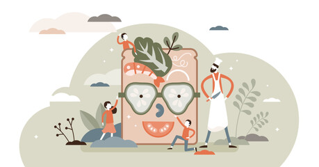 Fun food illustration, transparent background. Meal decoration for kids flat tiny person concept. Children entertainment with vegetables on plate.