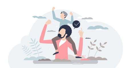 Healthy child and happy kid sitting on fathers shoulders tiny person concept, transparent background. Quality time together with parents as active and cheerful childhood illustration.