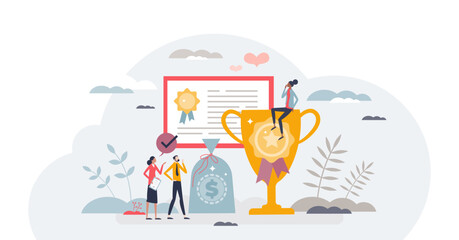 Incentive and financial stimulus for better work performance tiny person concept, transparent background. Best employee award motivation with encouragement benefits as prize illustration.