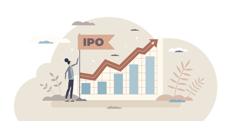 IPO as initial public offering and stock market shares tiny person concept, transparent background. Increased company trade value and successful investment illustration.