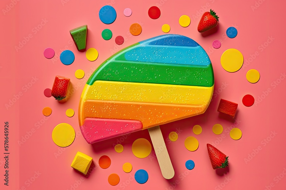 Wall mural popsicle of watermelon against a rainbow of colors. context a summery, bright background. watermelon