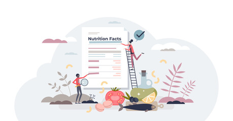 Nutrition facts on product and information about calories or fats tiny person concept, transparent background. Nutrient guideline and list with protein, carbs.