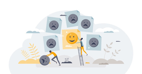 Positive attitude with optimistic behavior and mindset tiny person concept, transparent background. Change thinking with psychology therapy session or encouragement from friends illustration.