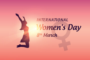 happy womans day 8th march girl with raised arms jumps at sunshine