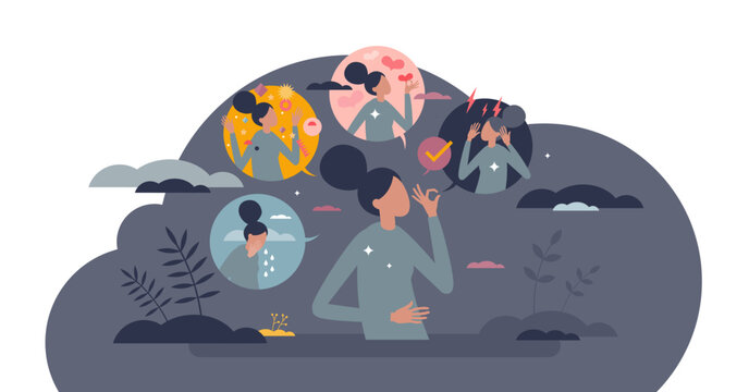 Mood changes and various feelings as bipolar emotion disorder tiny person concept, transparent background. Psychological unstable behavior and thinking from sad to happy illustration.